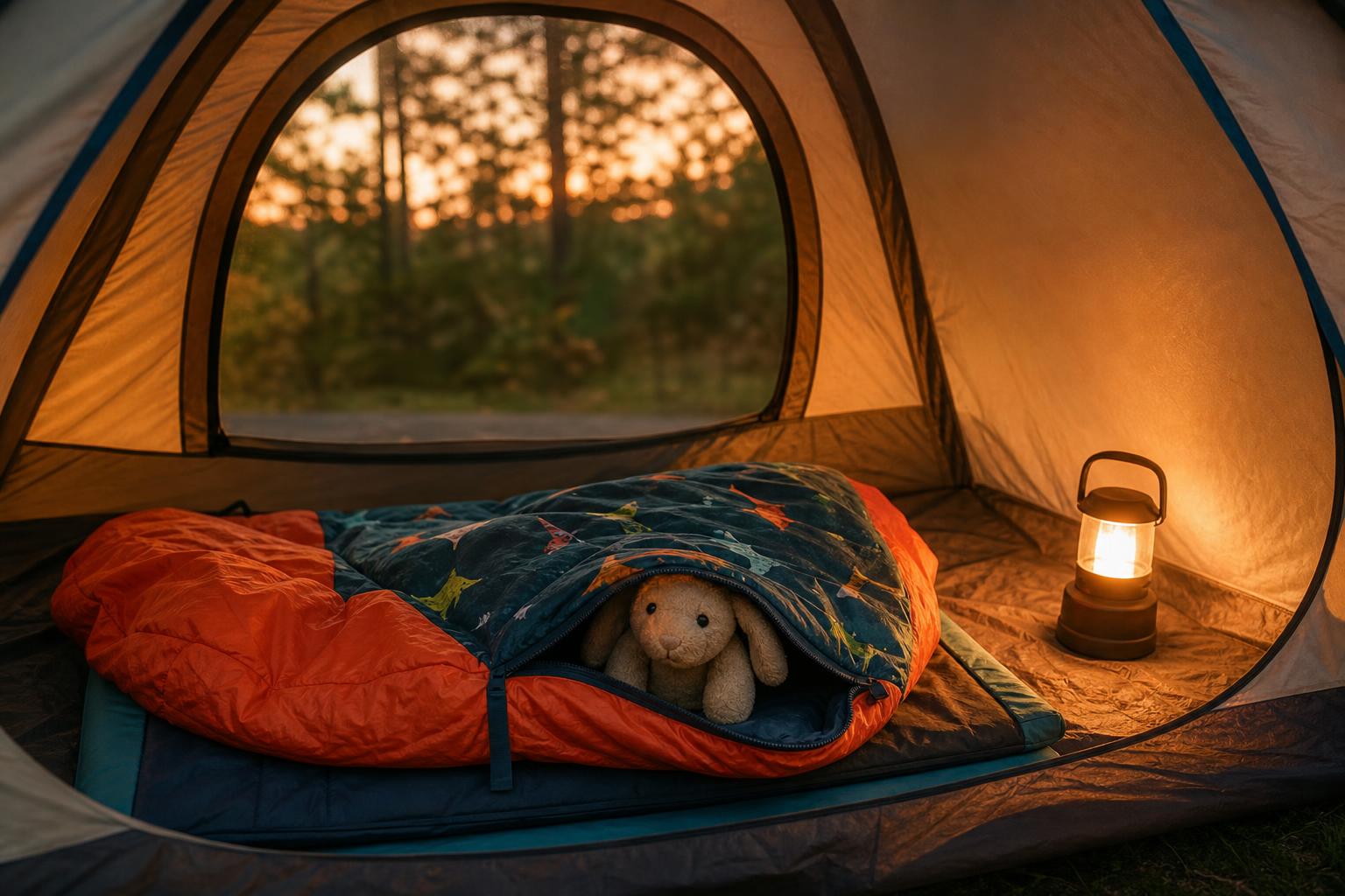 Sac de couchage enfant coloré dans une tente camping lumière chaude