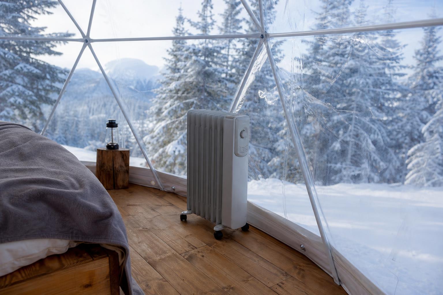 Radiateur électrique installé à distance paroi tente bulle hiver sécurité