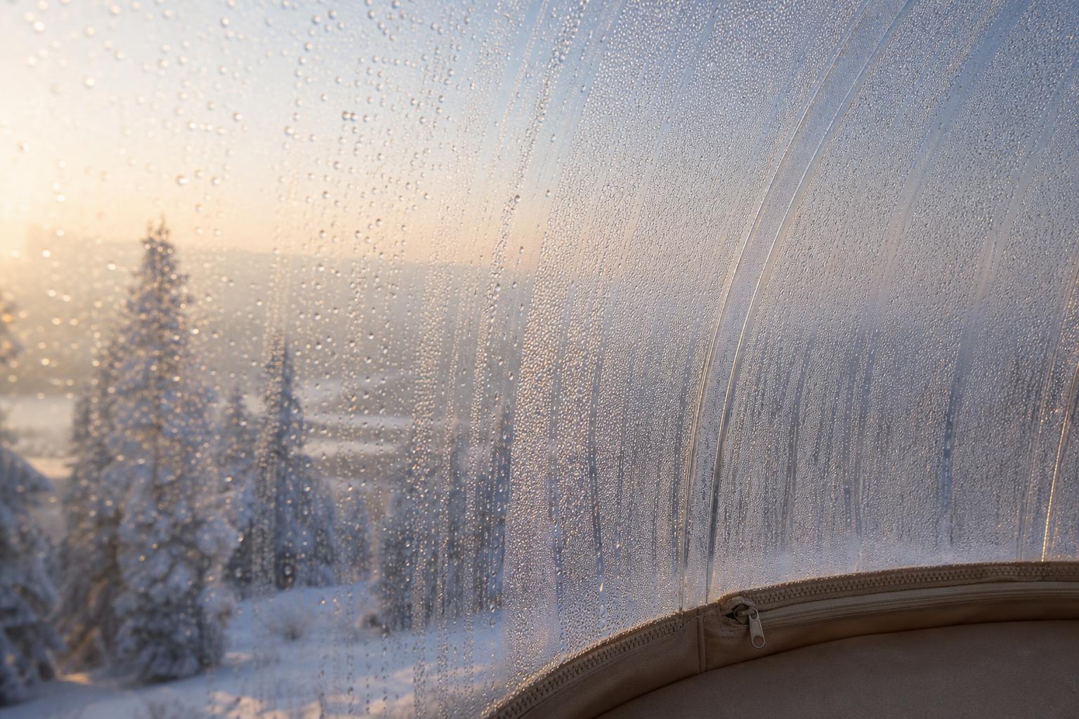 Condensation gouttelettes paroi intérieure tente bulle matin hiver