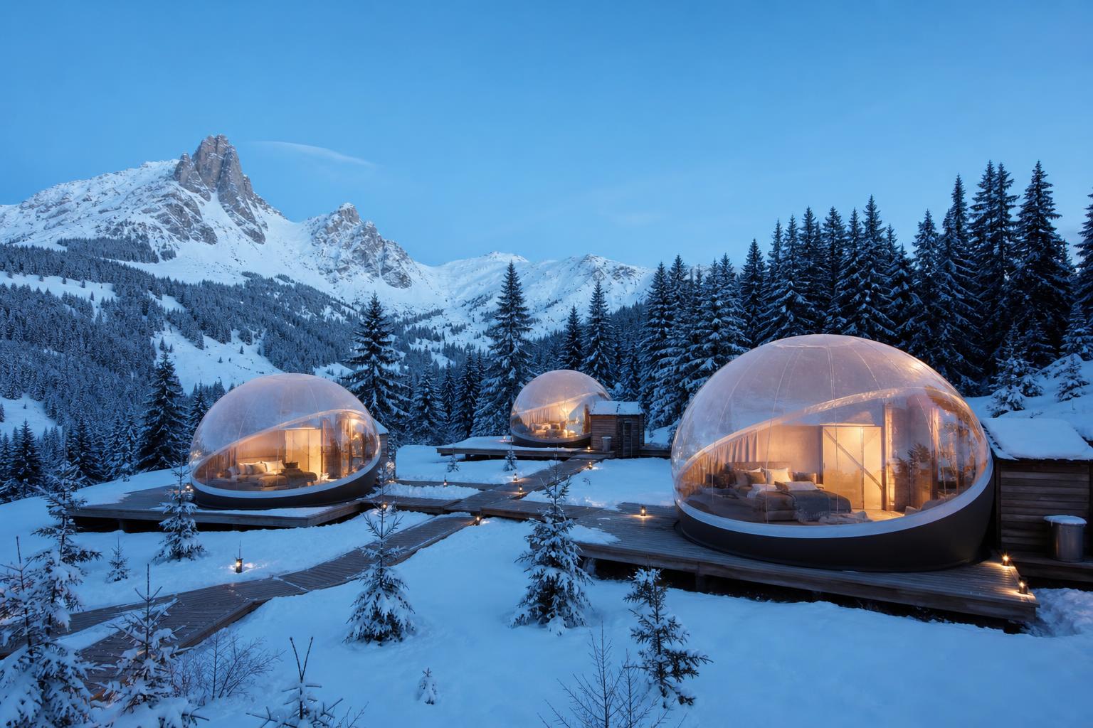 Camping glamping bulles transparentes hiver montagne neige hébergement insolite professionnel