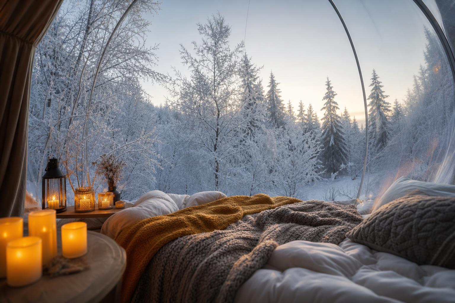 Intérieur cosy tente bulle hiver literie chaude vue forêt enneigée