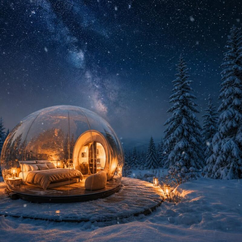 Tente bulle illuminée dans un paysage enneigé sous ciel étoilé hivernal