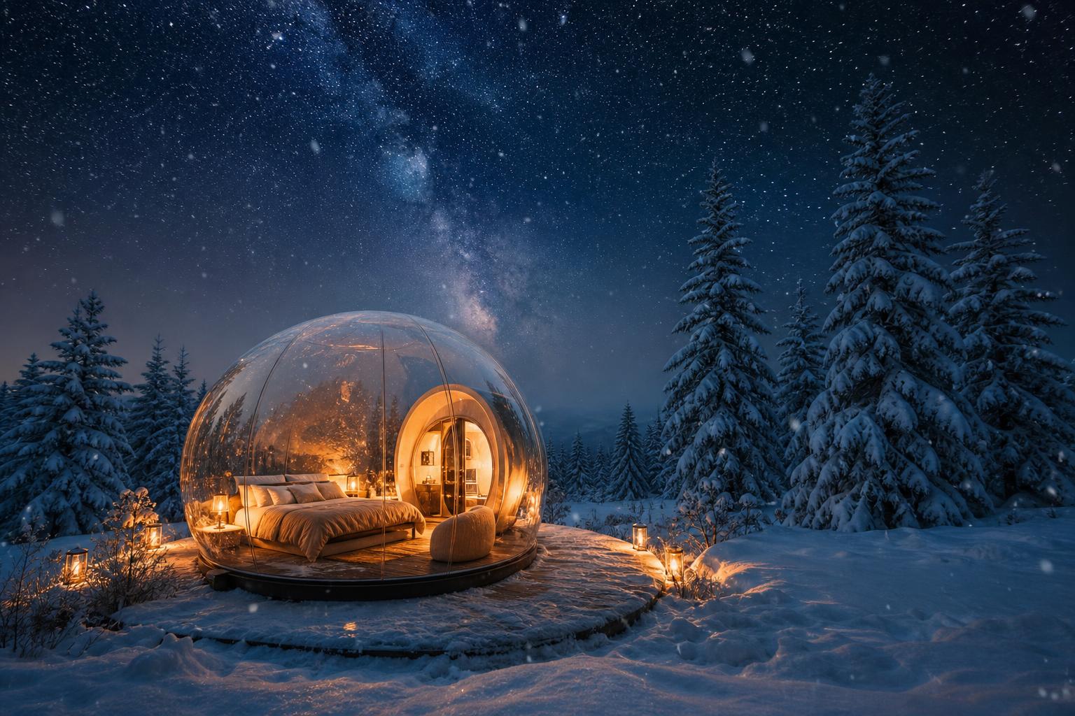 Tente bulle illuminée dans un paysage enneigé sous ciel étoilé hivernal