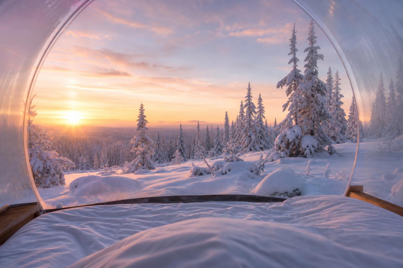 Vue forêt enneigée lever de soleil depuis intérieur tente bulle hiver