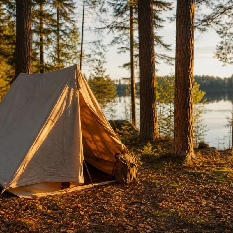 Tente canadienne montée en forêt au bord d'un lac, lumière dorée