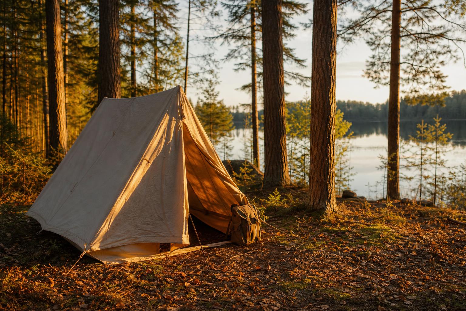 Tente canadienne montée en forêt au bord d'un lac, lumière dorée