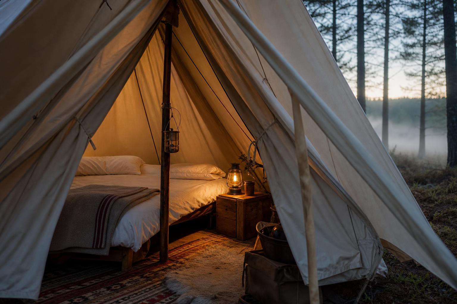 Intérieur tente canadienne glamping vintage aménagé avec lit et lanterne