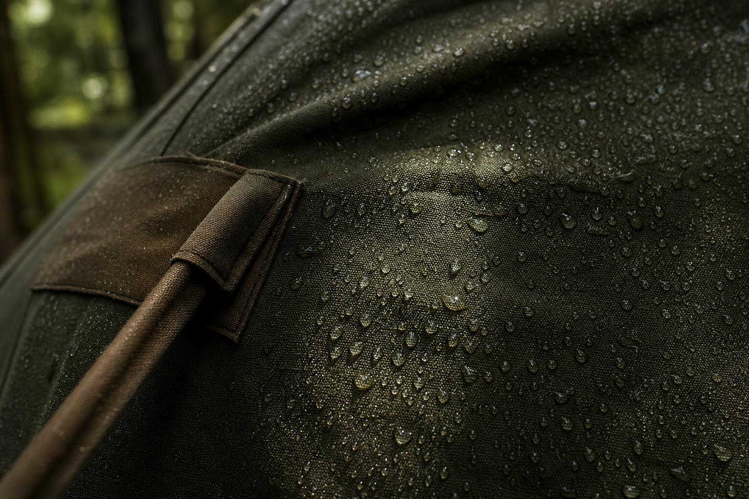 Gros plan toile coton tente canadienne imperméable avec gouttes d'eau