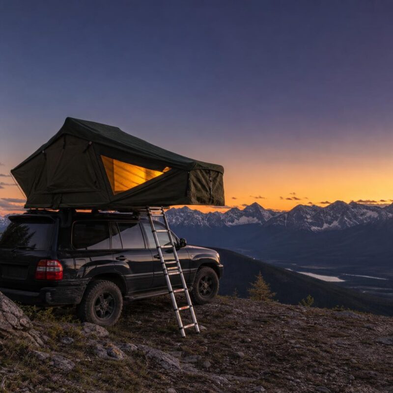 Tente de toit déployée sur SUV au coucher de soleil en montagne