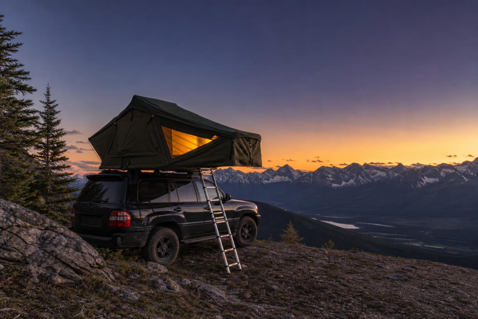 Tente de toit déployée sur SUV au coucher de soleil en montagne