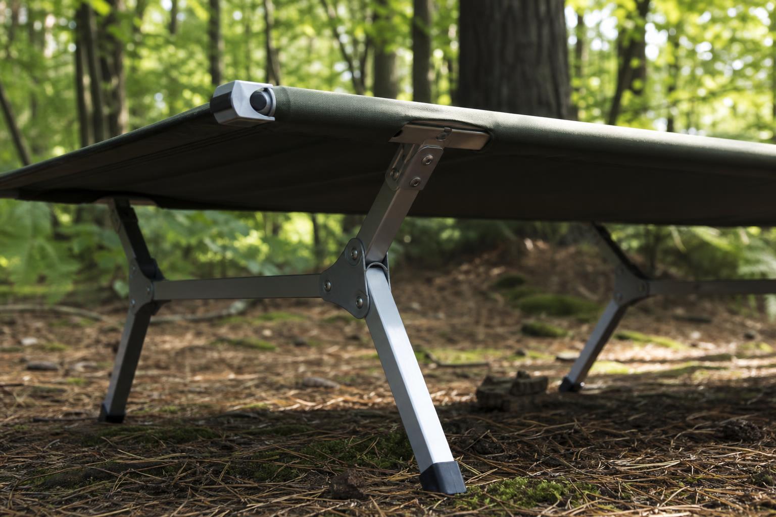 Armature et pieds d'un lit de camping, système de verrouillage en forêt