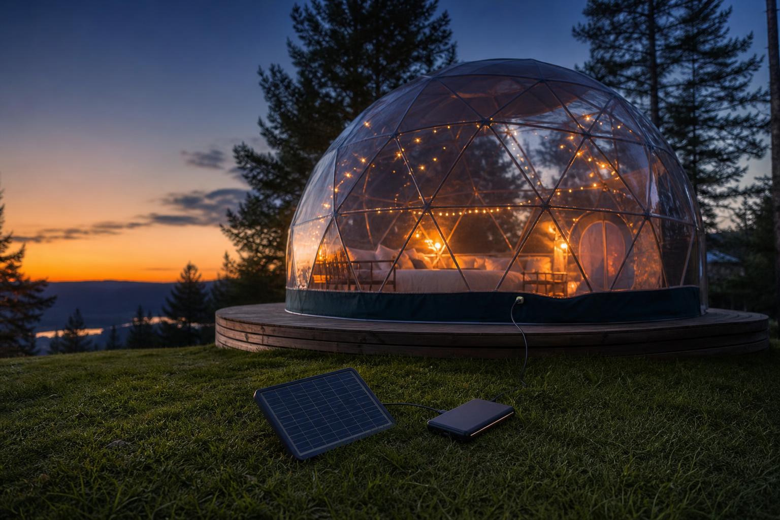 Batterie solaire branchée à un dôme géodésique au coucher du soleil