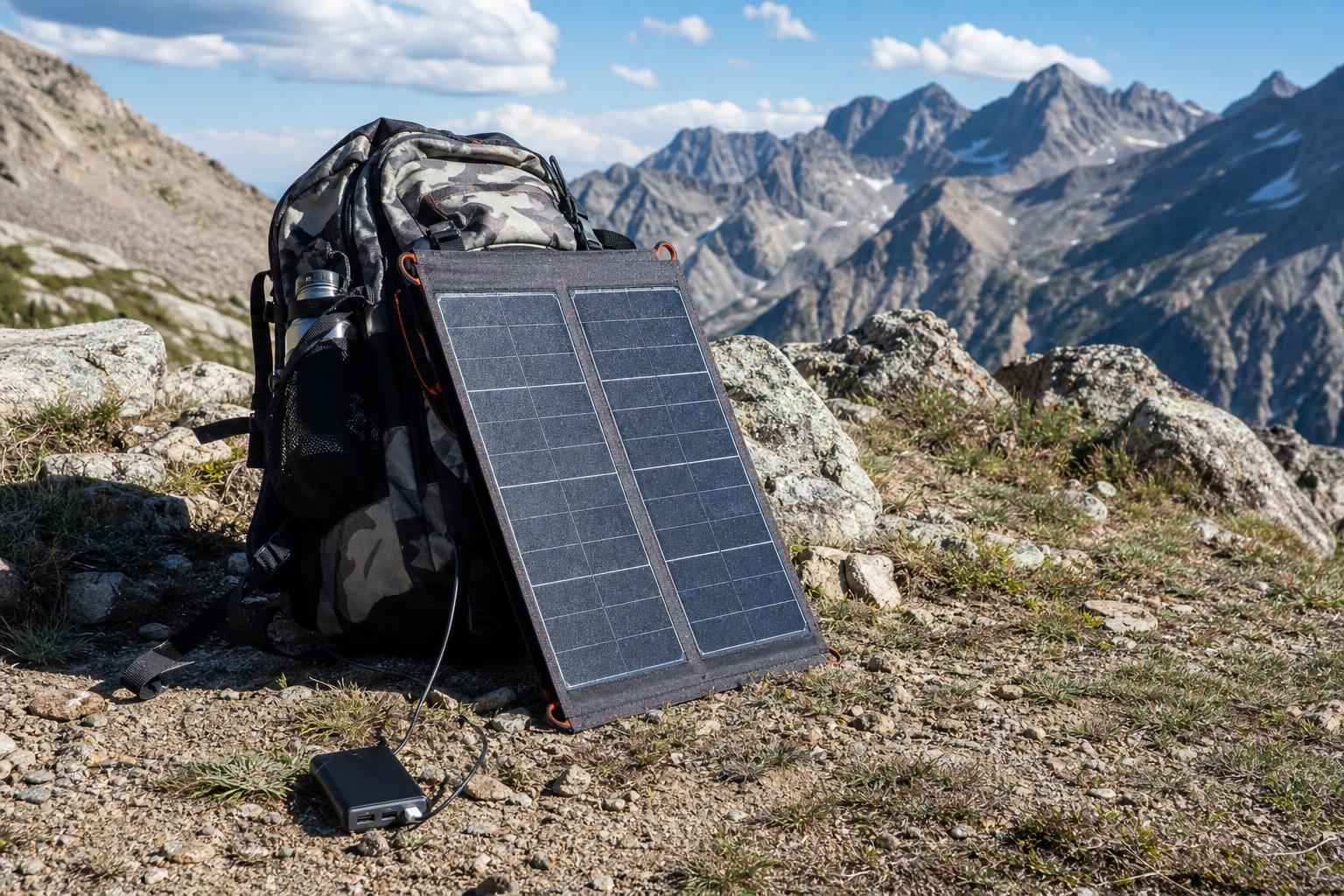 Panneau solaire portable déployé au soleil lors d'un bivouac alpin
