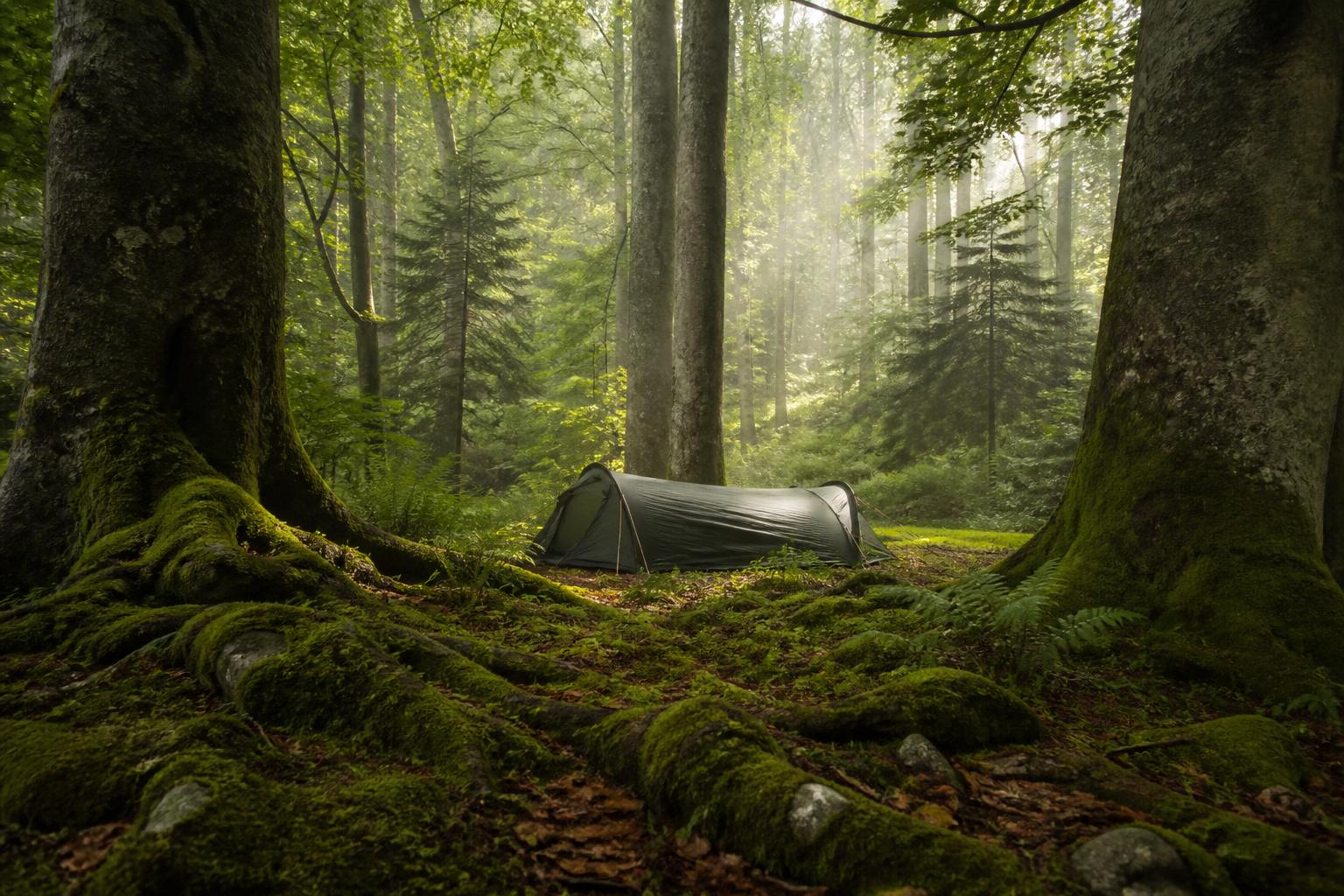 Tente de bivouac installée dans une clairière forestière des Vosges sous la canopée