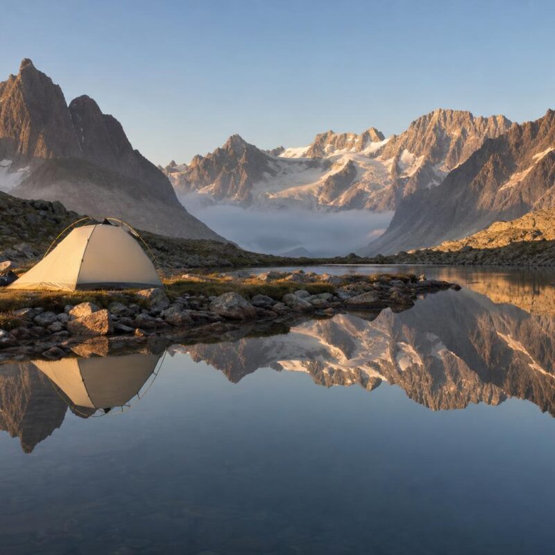 Tente de bivouac au bord d'un lac d'altitude dans les Alpes au lever du soleil