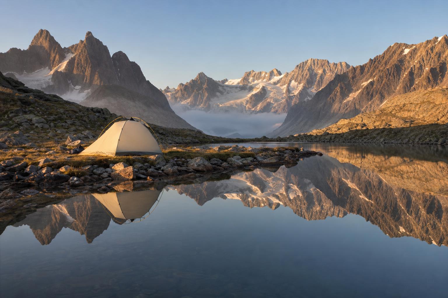Tente de bivouac au bord d'un lac d'altitude dans les Alpes au lever du soleil