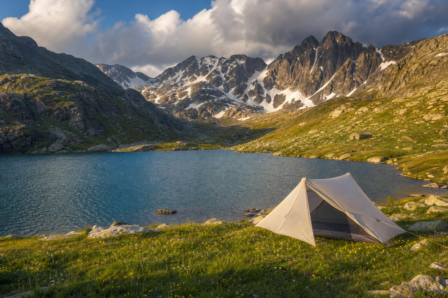 Bivouac sauvage au bord d un lac glaciaire dans les Pyrénées françaises