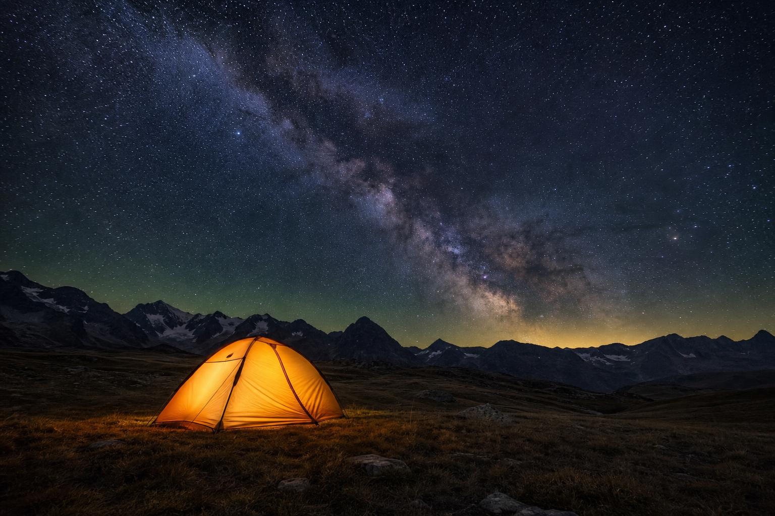 Tente de bivouac illuminée sous un ciel étoilé avec la Voie Lactée en montagne