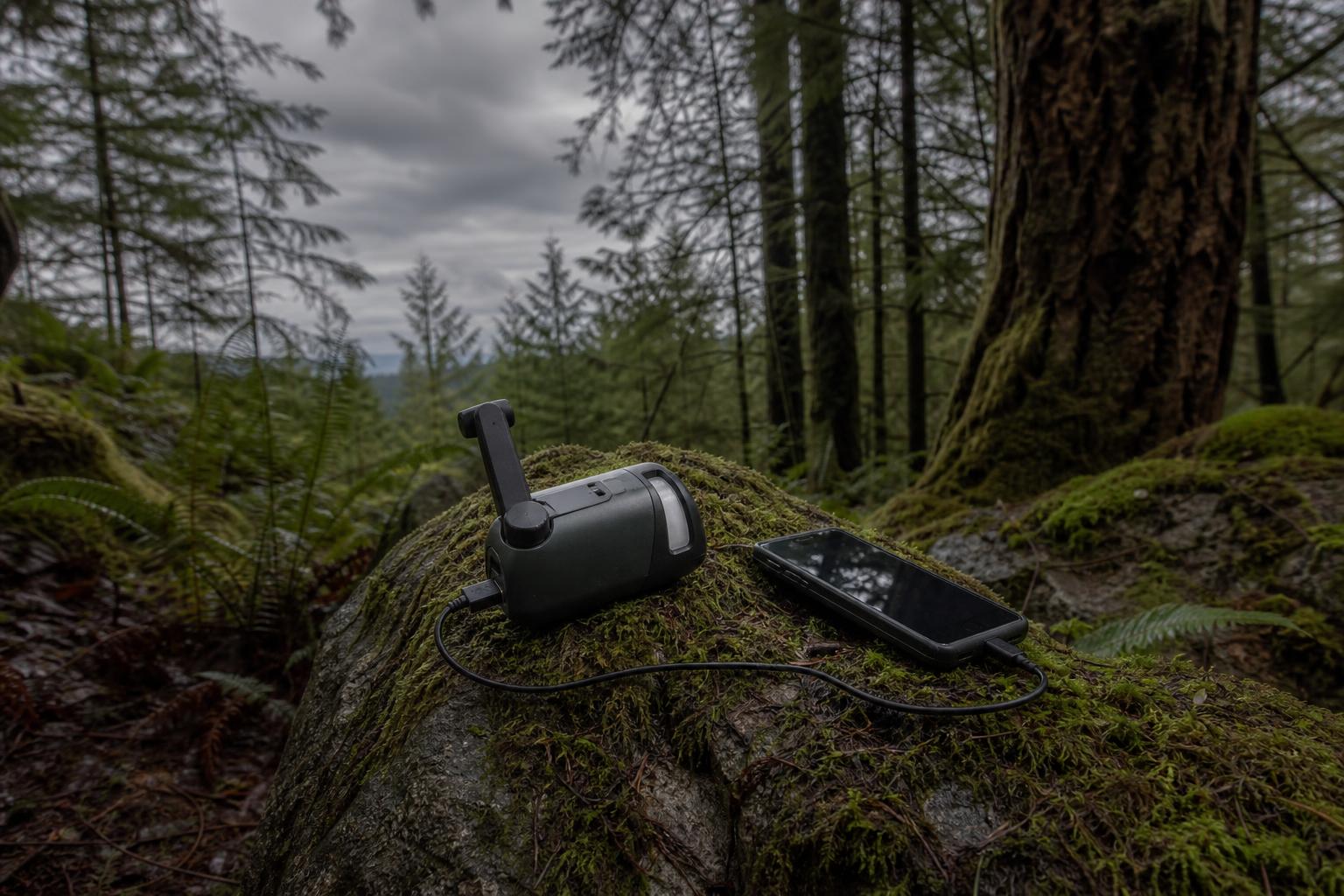 Chargeur dynamo portable posé sur rocher mousseux en forêt couverte