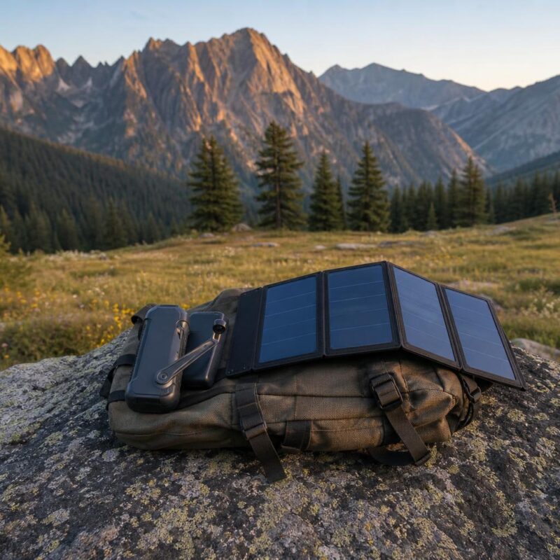 Chargeur dynamo et batterie solaire posés sur sac à dos en montagne