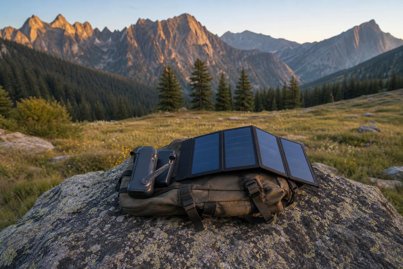 Chargeur dynamo et batterie solaire posés sur sac à dos en montagne