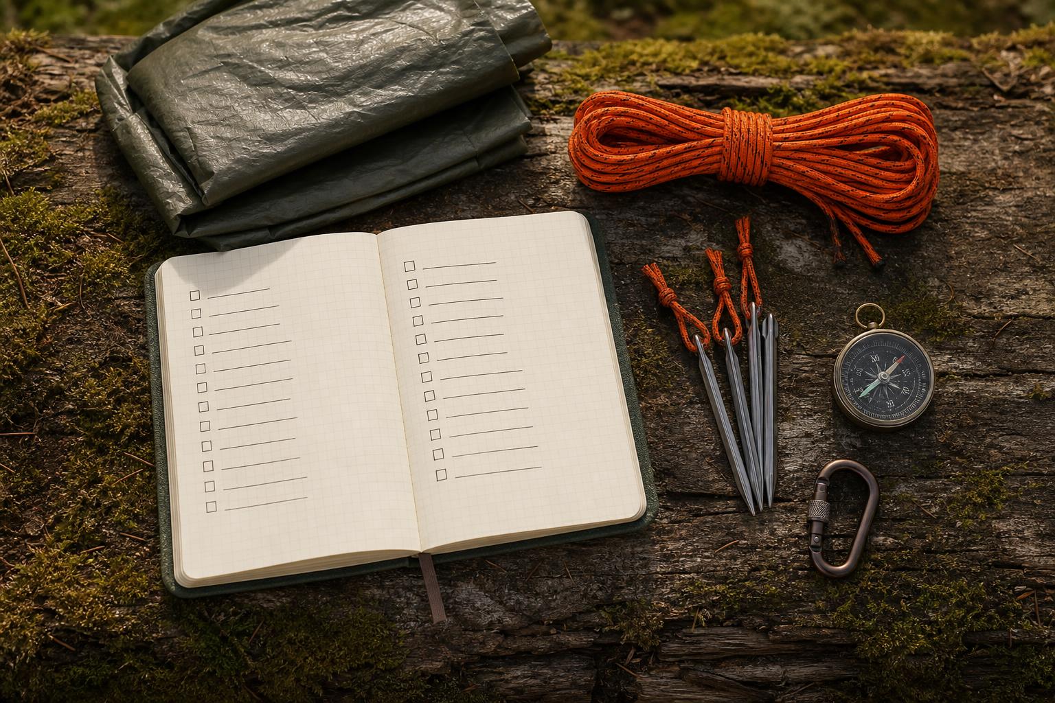 Carnet de checklist outdoor entouré de matériel tarp et paracorde