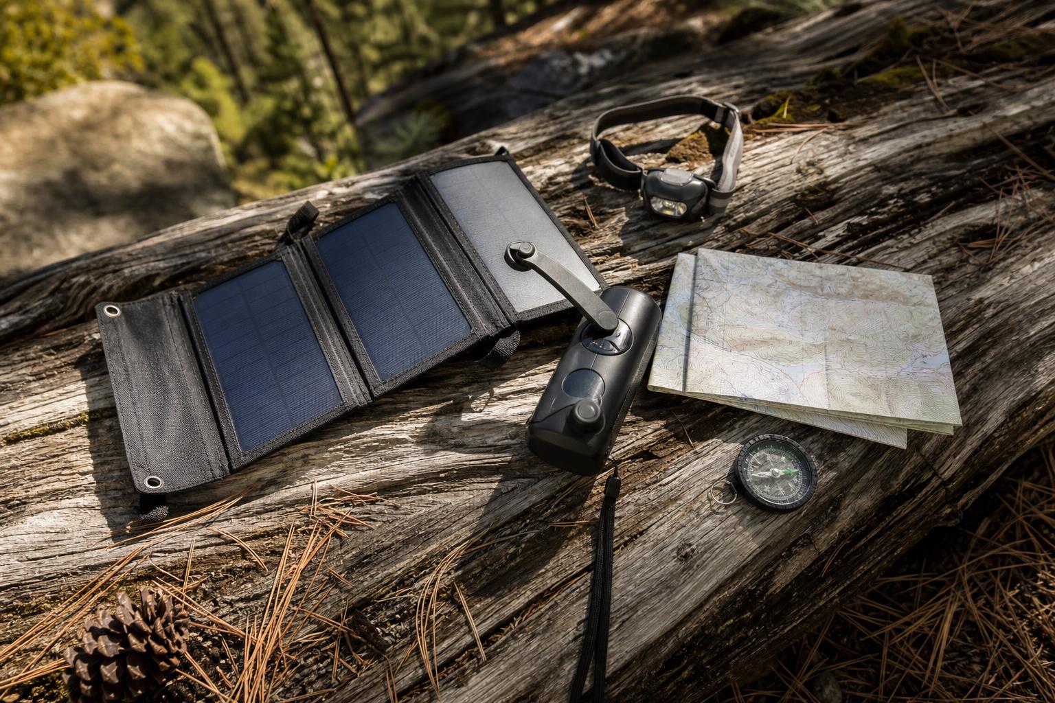 Kit énergie outdoor combiné chargeur dynamo et panneau solaire en forêt