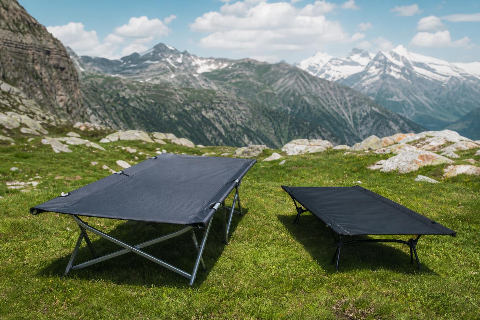 Comparaison lit de camp classique et ultraléger dépliés sur herbe