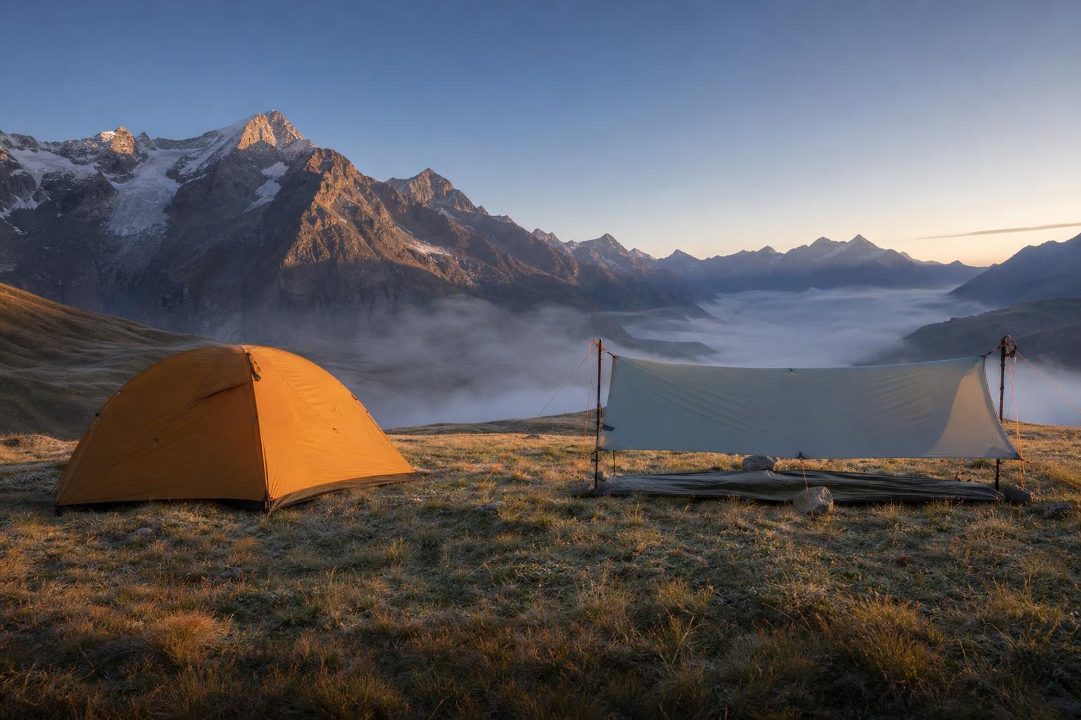 Tarp et tente de bivouac côte à côte en prairie alpine au lever du soleil