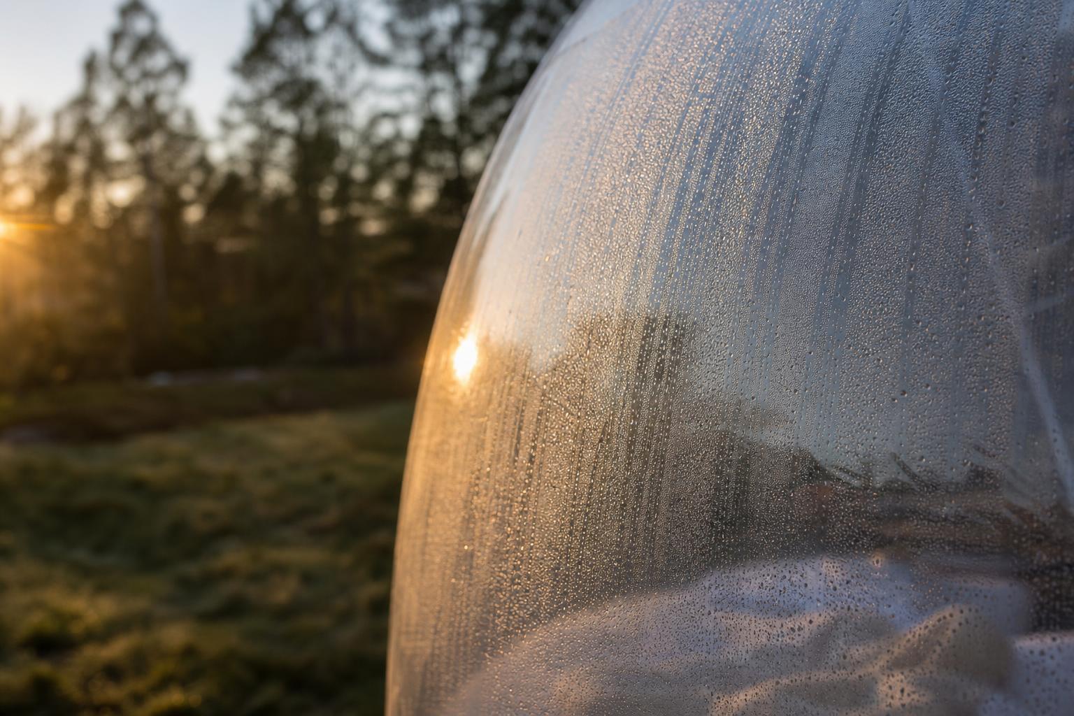 Condensation matinale sur la paroi d'une tente bulle au lever du soleil
