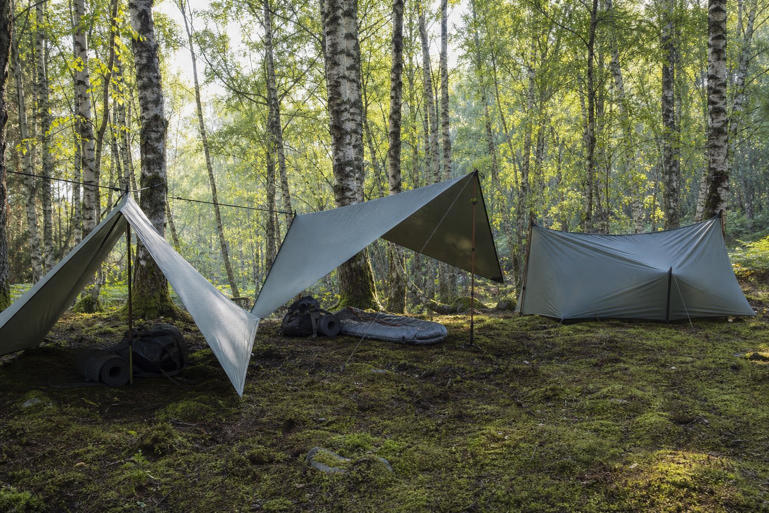 Trois configurations de montage de tarp en forêt de bouleaux