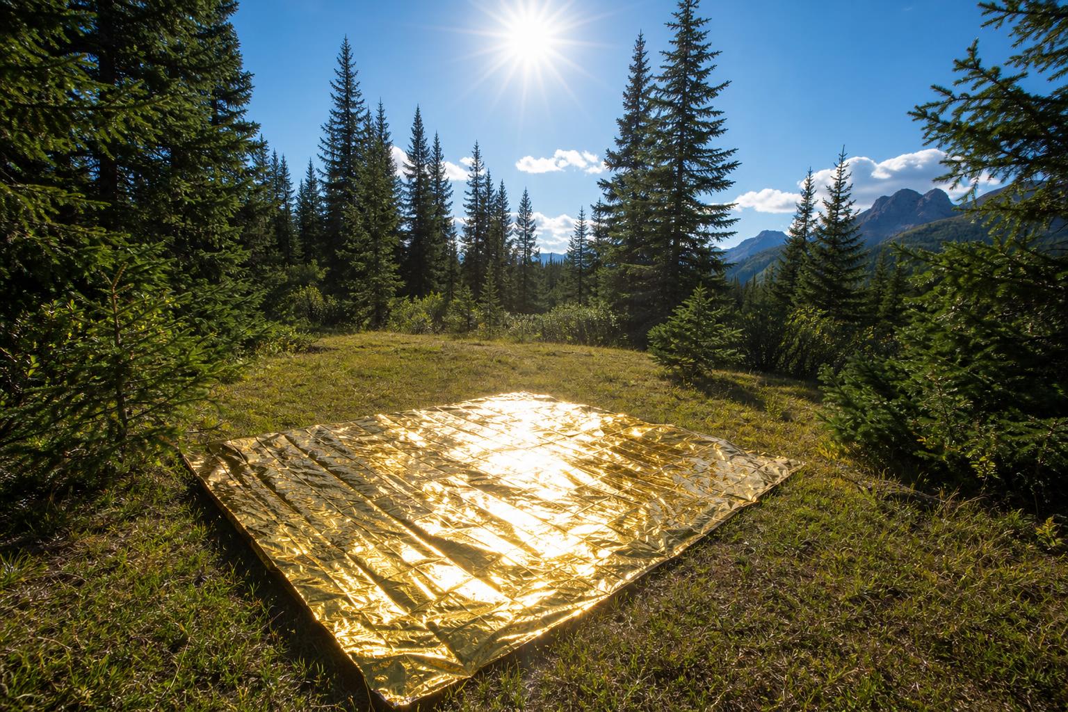 Couverture de survie dorée au sol pour signalisation aérienne en forêt