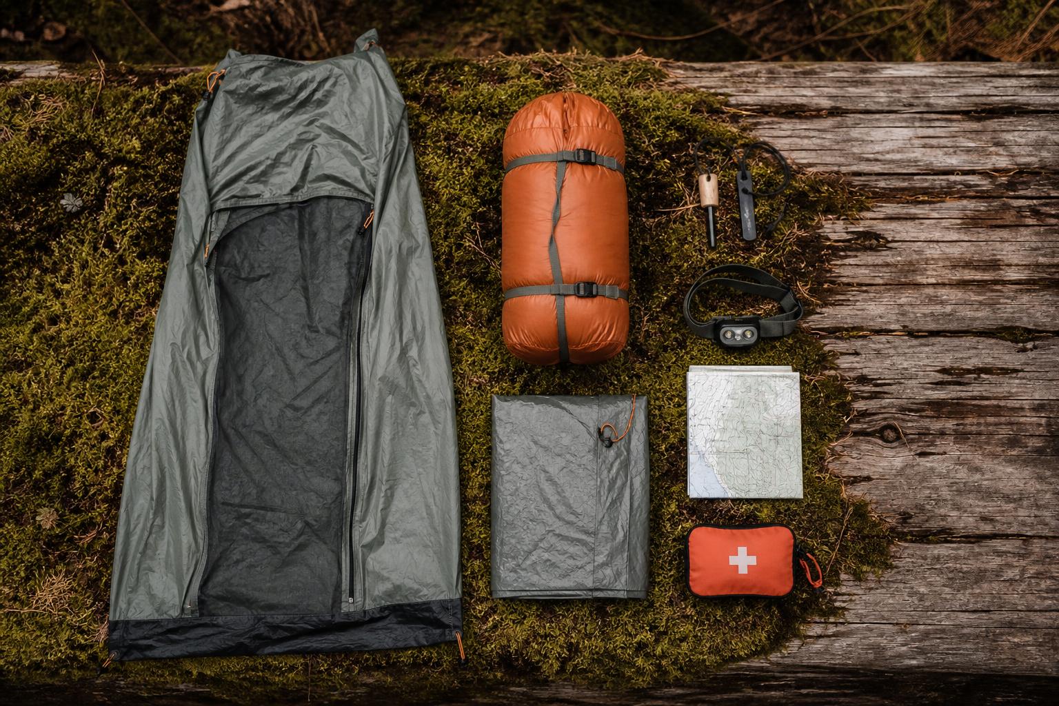 Flatlay du matériel indispensable pour un bivouac en France tente sac de couchage
