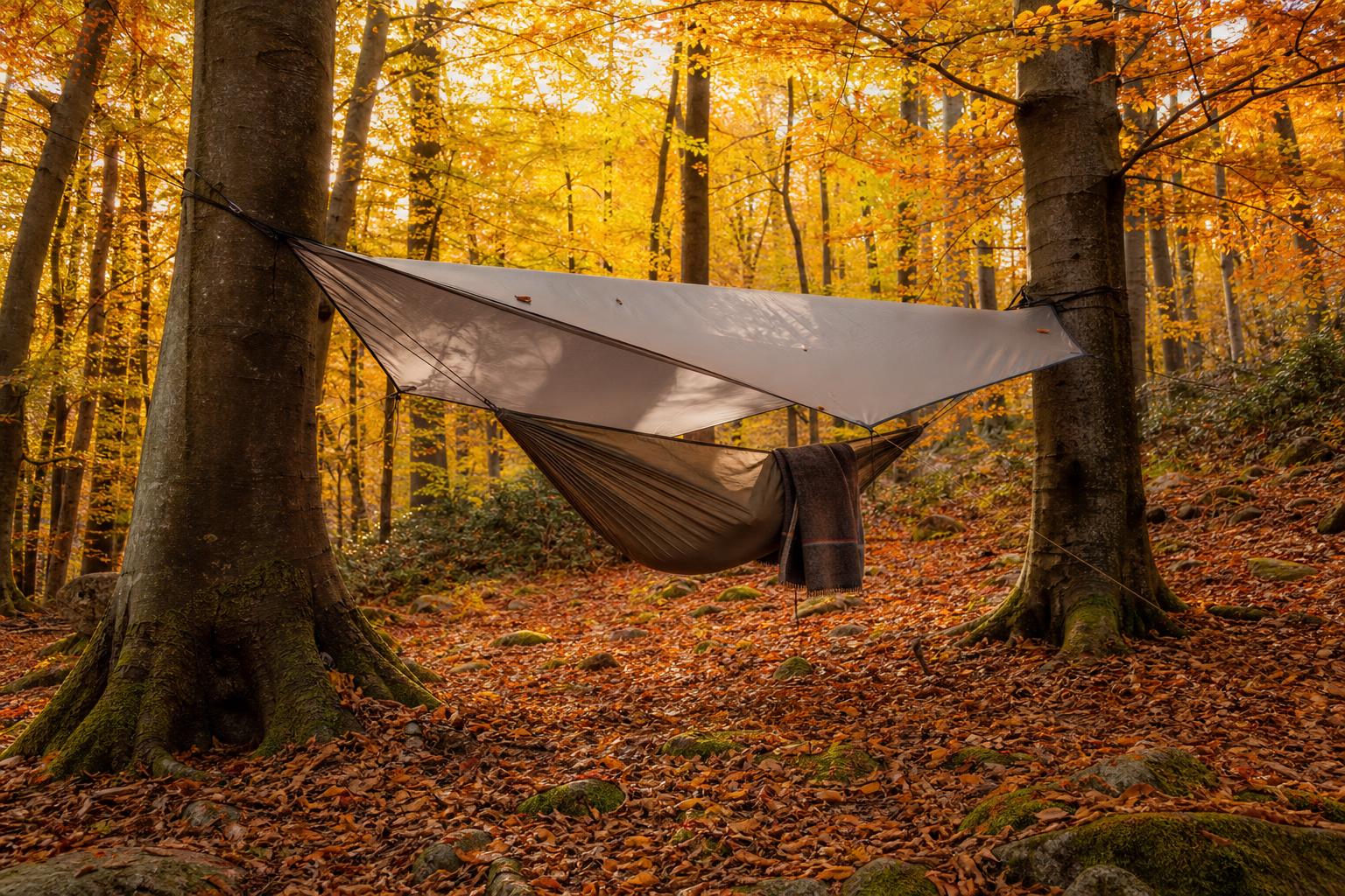 Hamac suspendu sous tarp en forêt de hêtres en automne