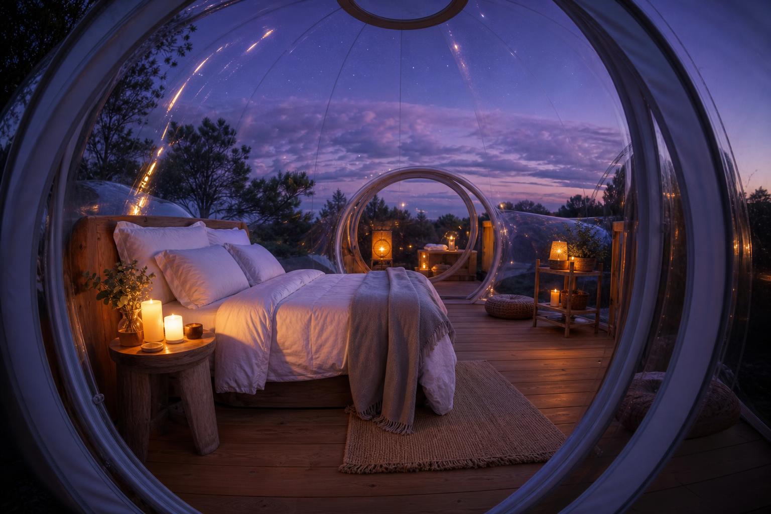 Intérieur cosy d'une tente bulle glamping avec literie et ciel étoilé