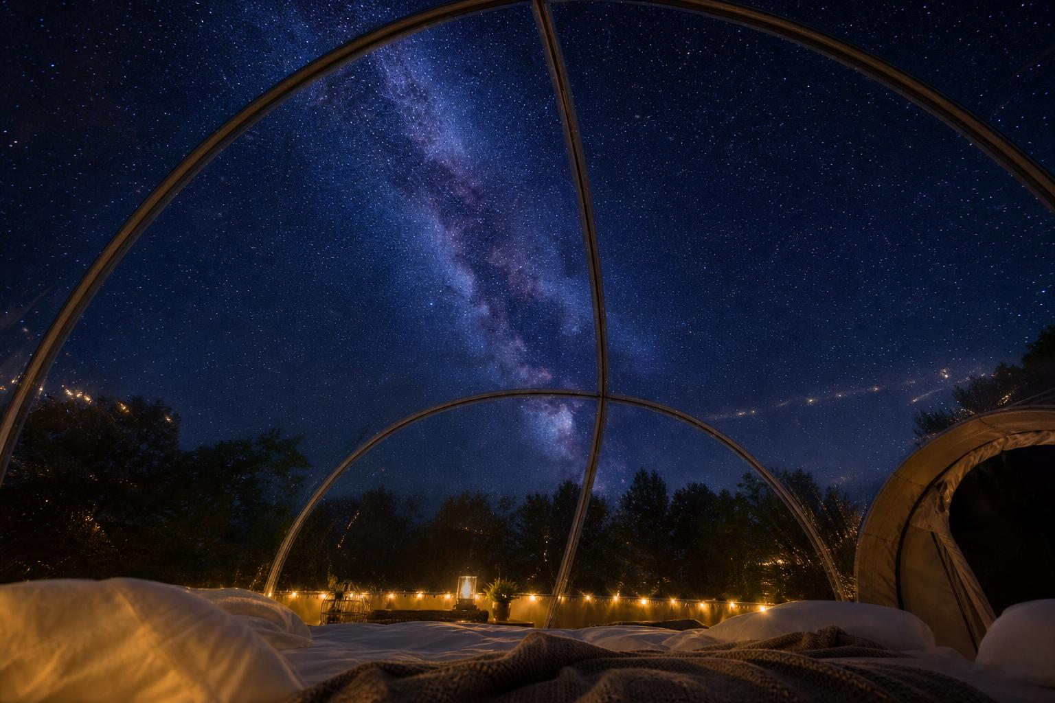Vue de l'intérieur d'une tente bulle vers la Voie Lactée nocturne