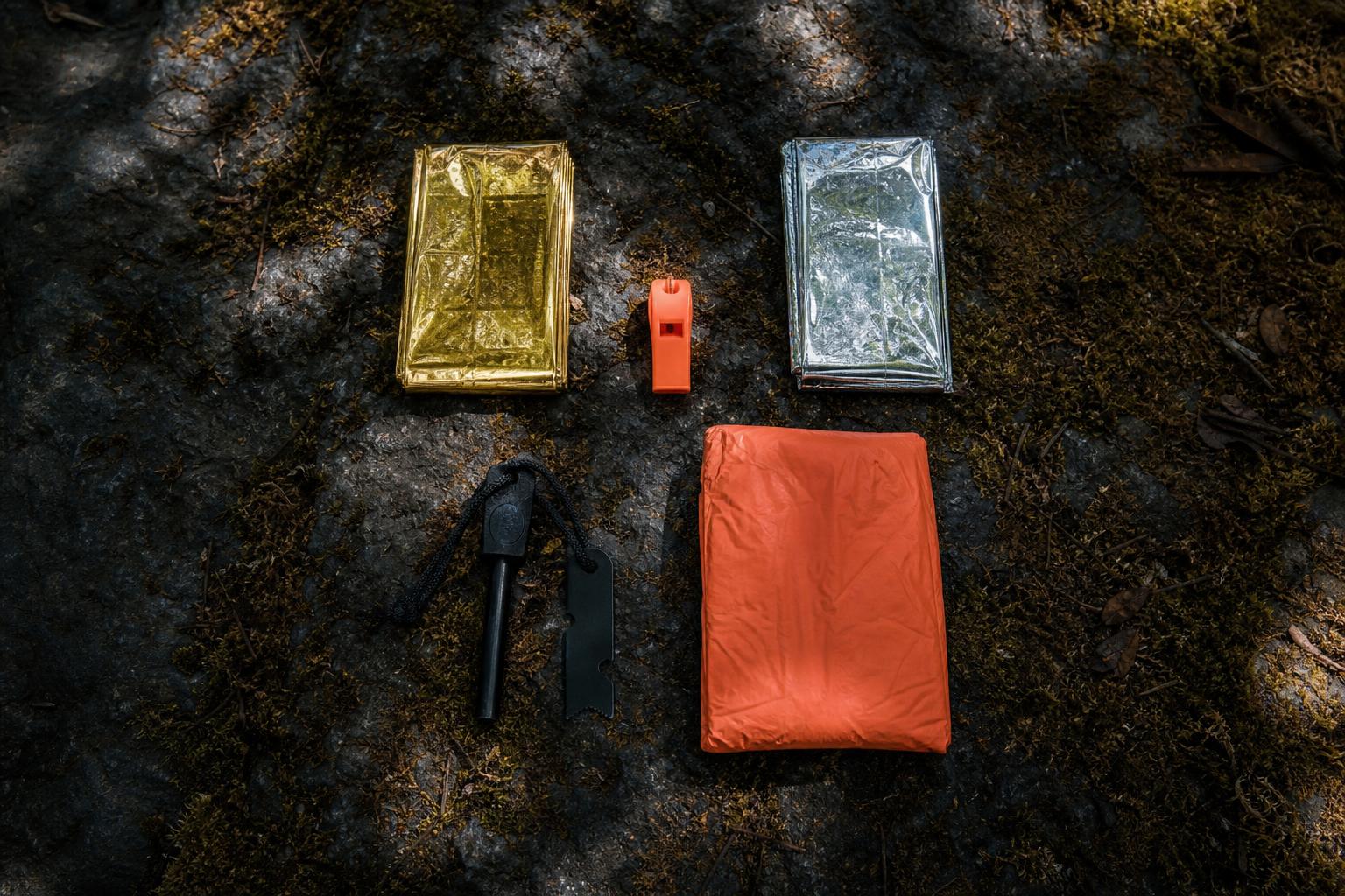 Kit de survie complet avec couverture isotherme sifflet et pierre à feu