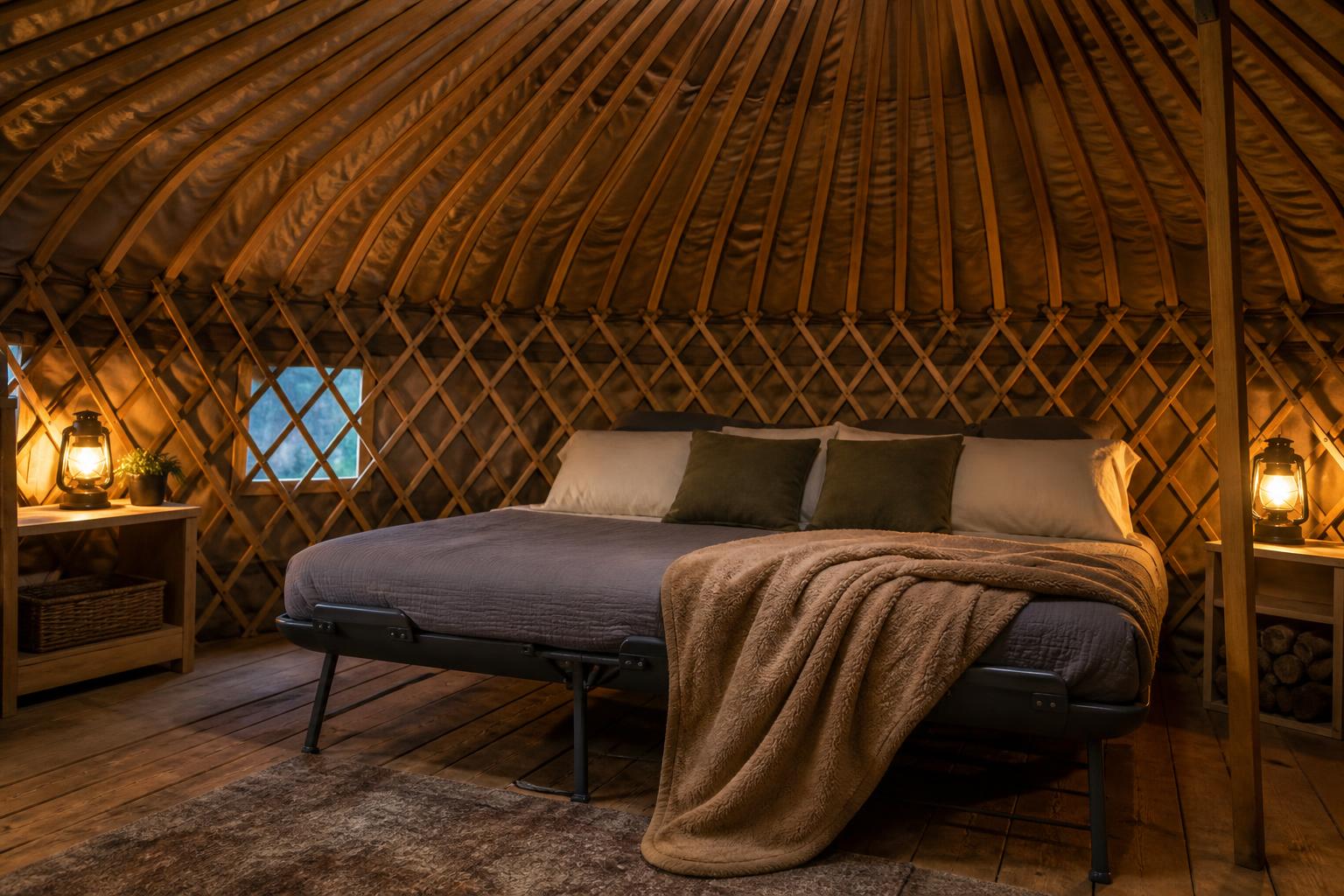 Lit de camp deux places installé dans une yourte, ambiance cosy longue durée