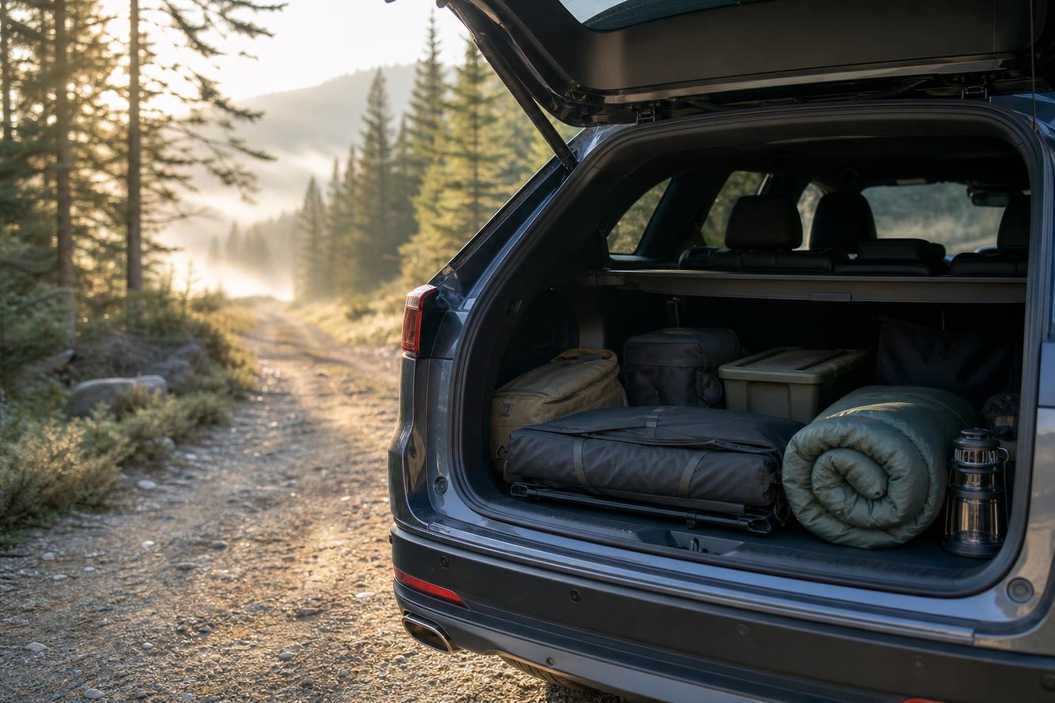 Lit de camping rangé dans coffre SUV ouvert en forêt, camping voiture