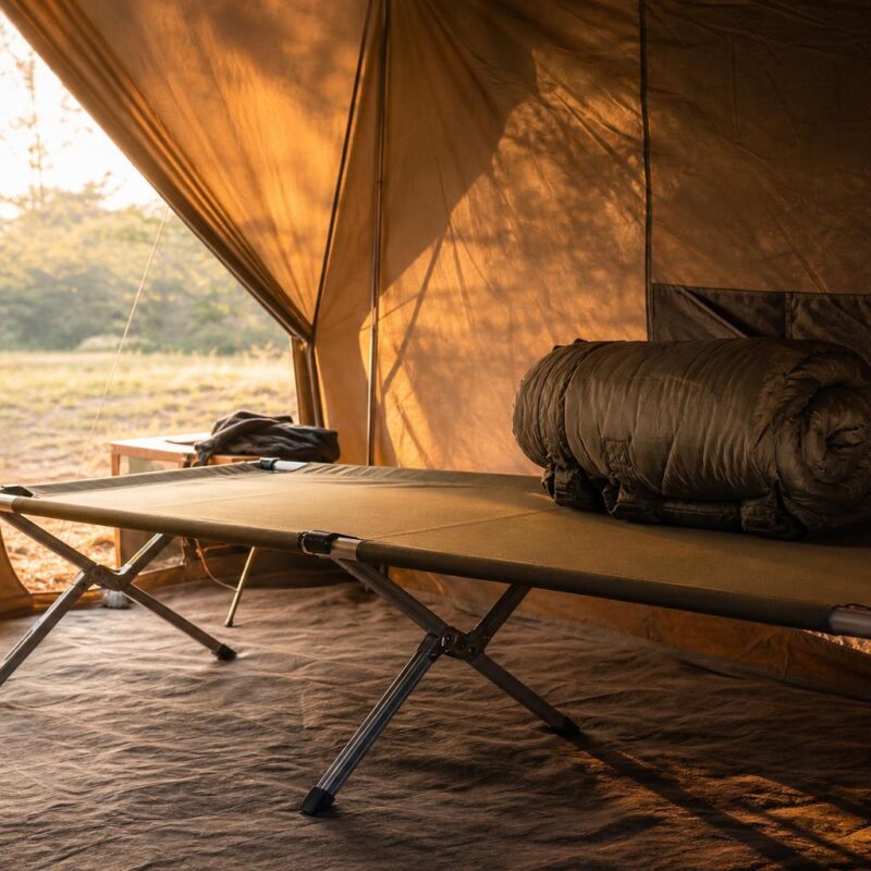 Lit de camp pliant installé dans une grande tente camping, lumière dorée
