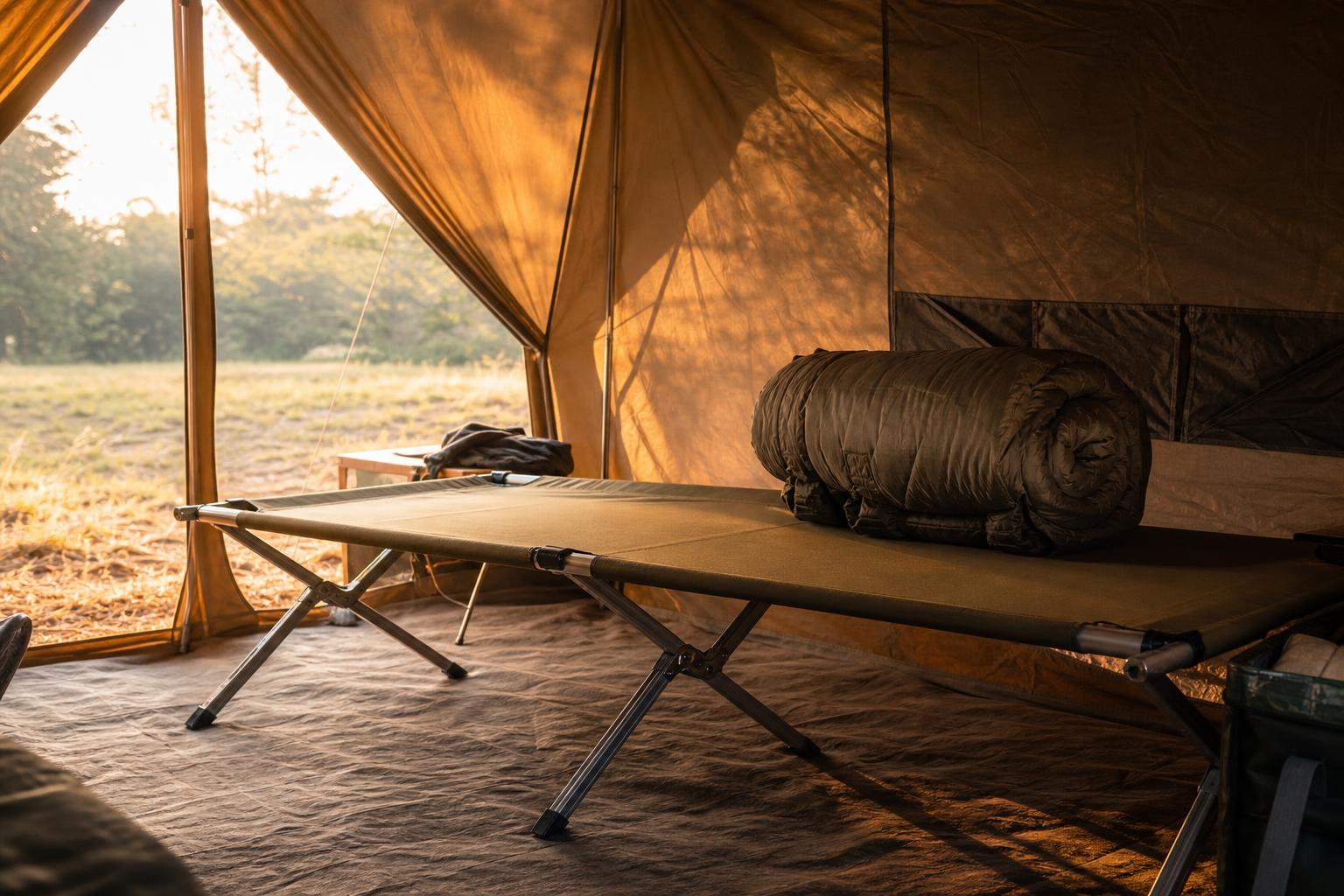 Lit de camp pliant installé dans une grande tente camping, lumière dorée