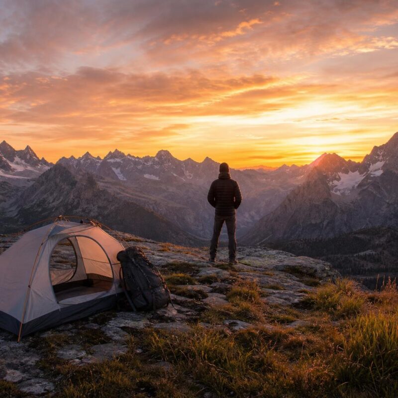 Tente bivouac légère installée en montagne au coucher du soleil