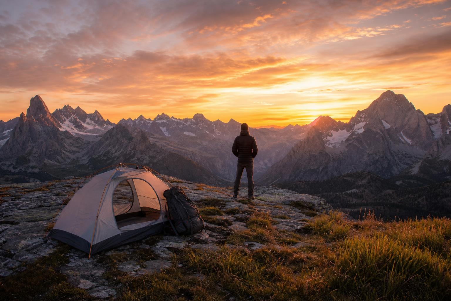 Tente bivouac légère installée en montagne au coucher du soleil