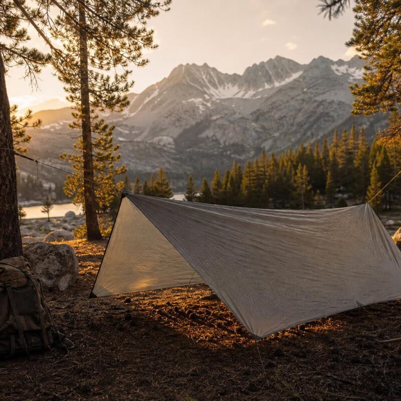 Tarp tendu en A-frame entre pins en montagne, lumière dorée
