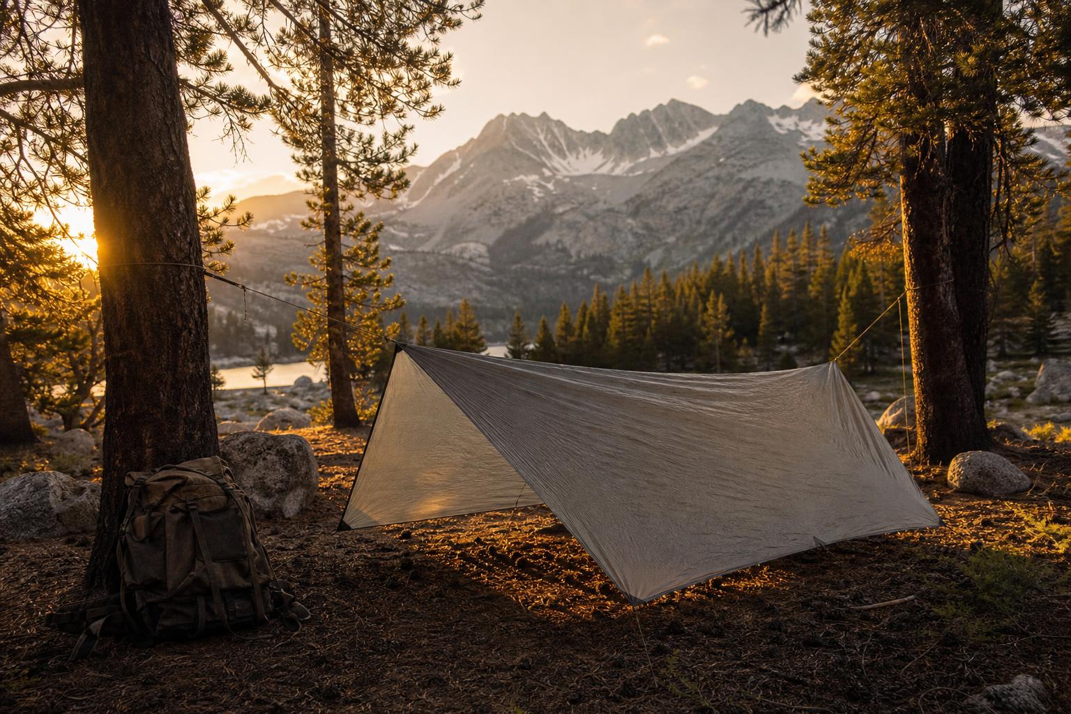 Tarp tendu en A-frame entre pins en montagne, lumière dorée