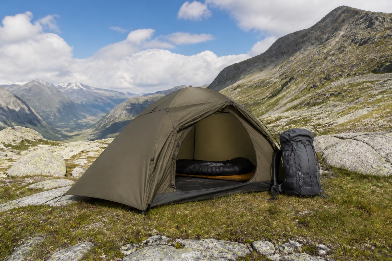 Tente trekking ultra-légère montée sur rochers en milieu alpin