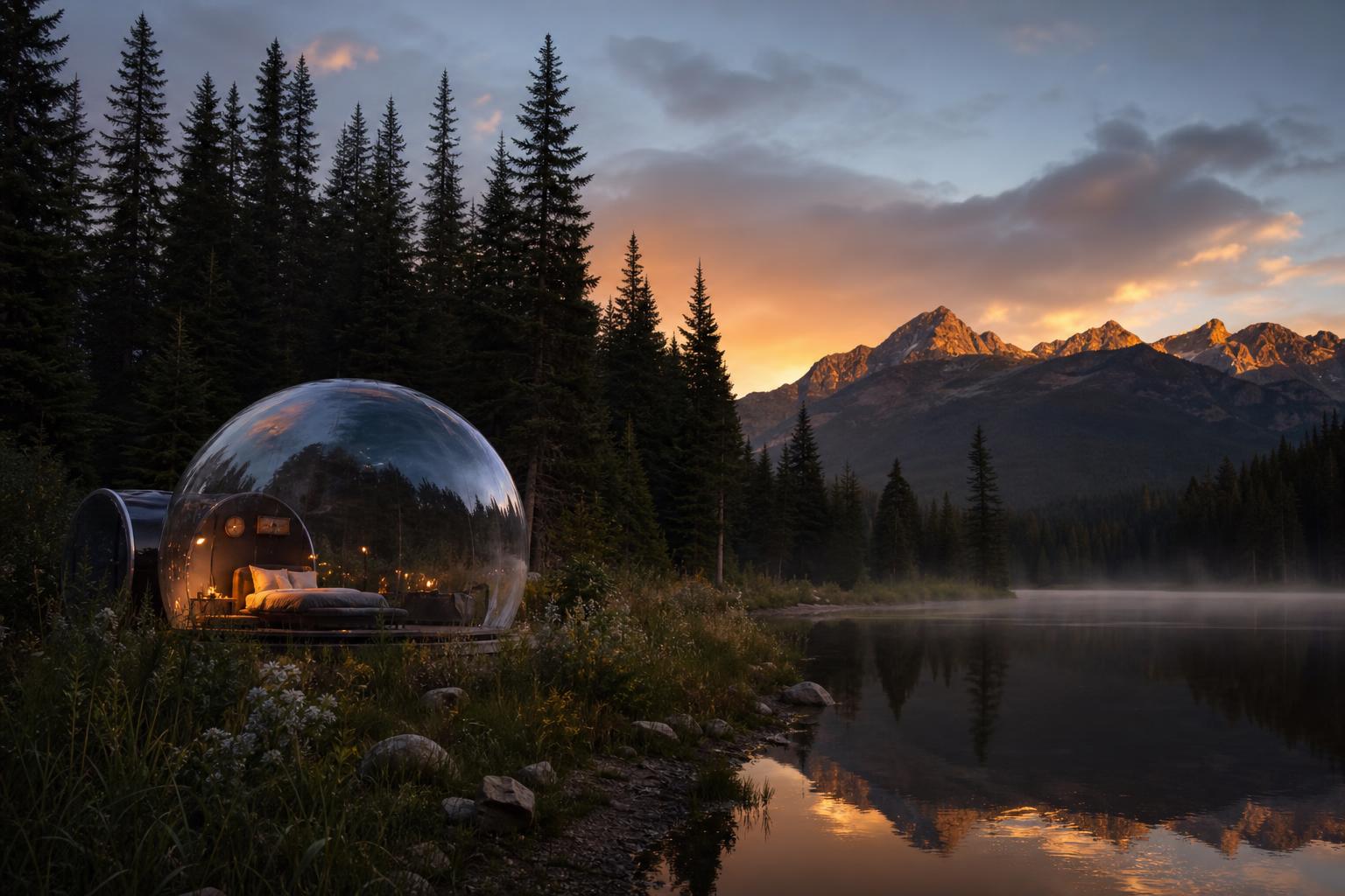Tente bulle transparente en lisière de forêt au bord d'un lac de montagne