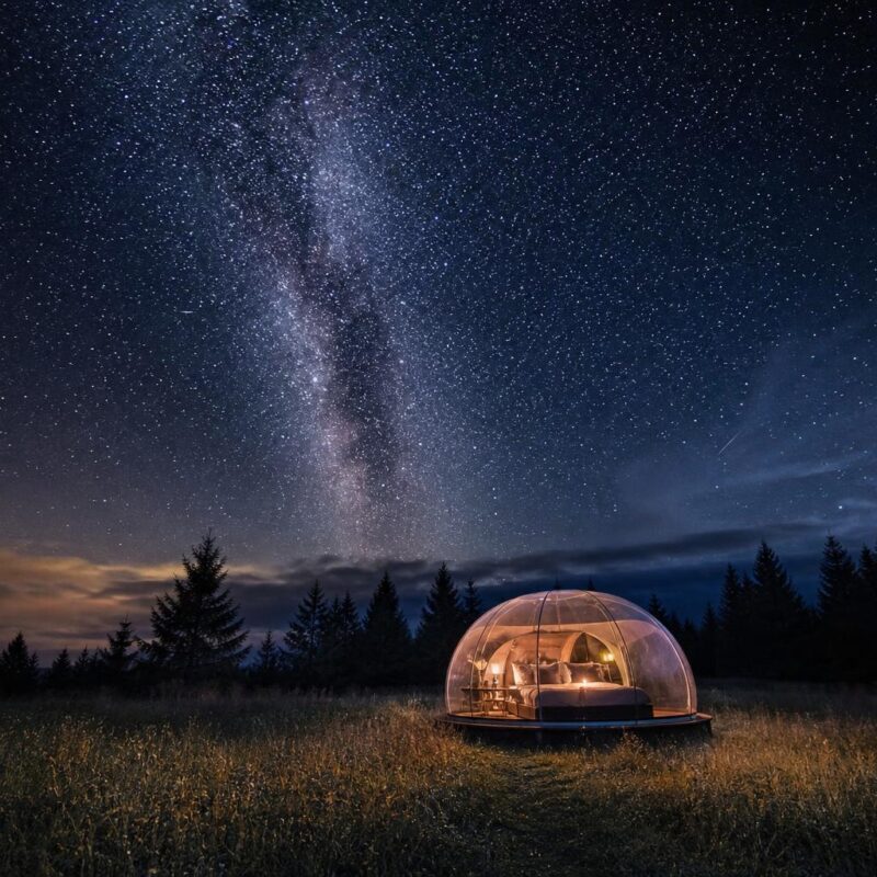 Tente bulle transparente illuminée sous ciel étoilé dans un pré