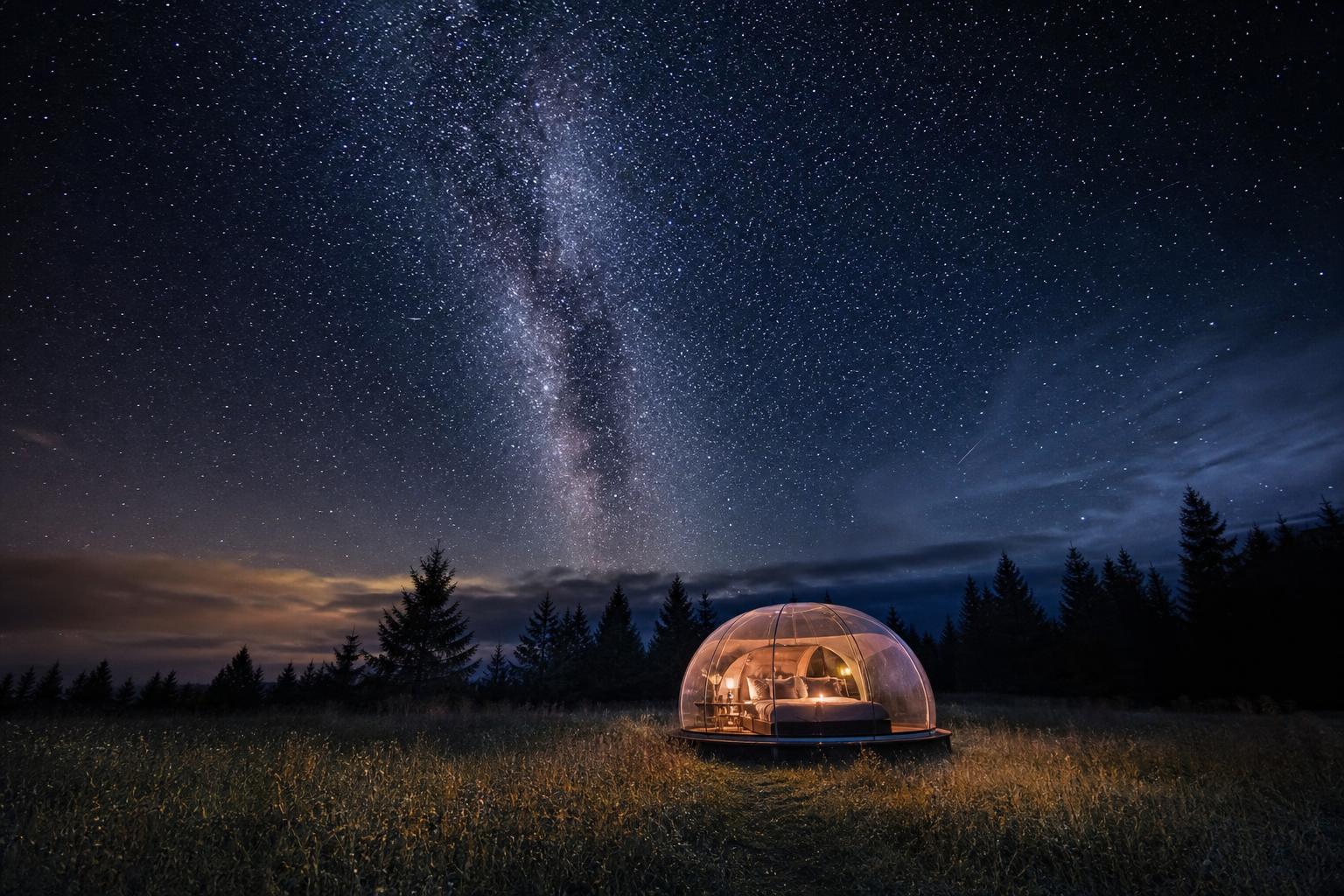 Tente bulle transparente illuminée sous ciel étoilé dans un pré