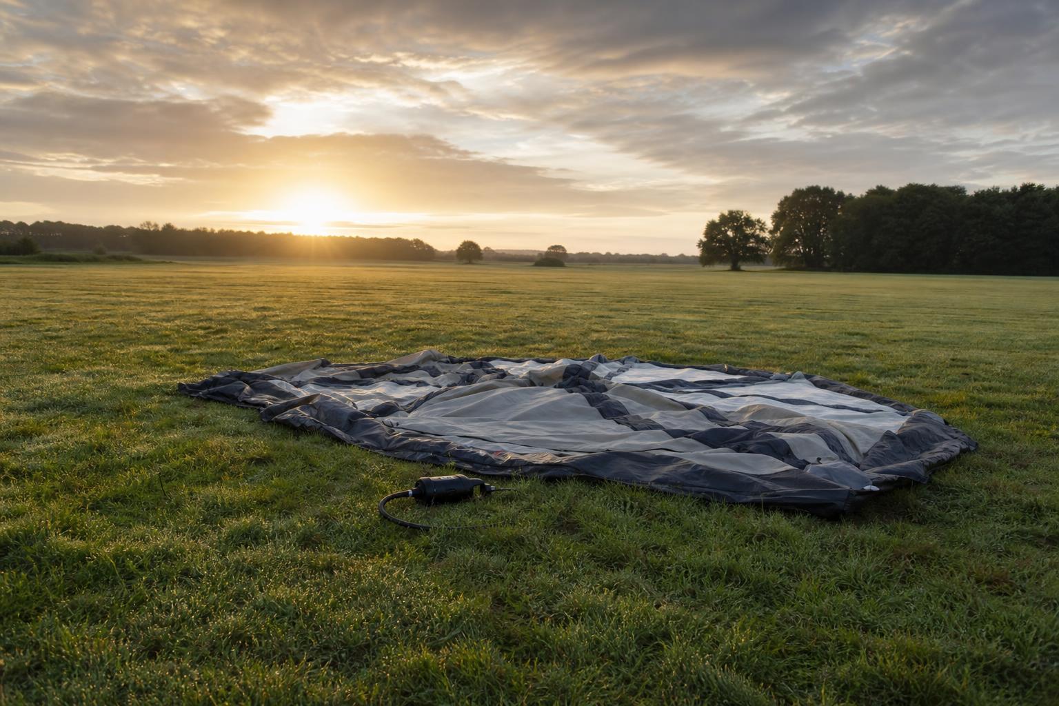 Tente gonflable à plat sur prairie avec pompe avant montage camping